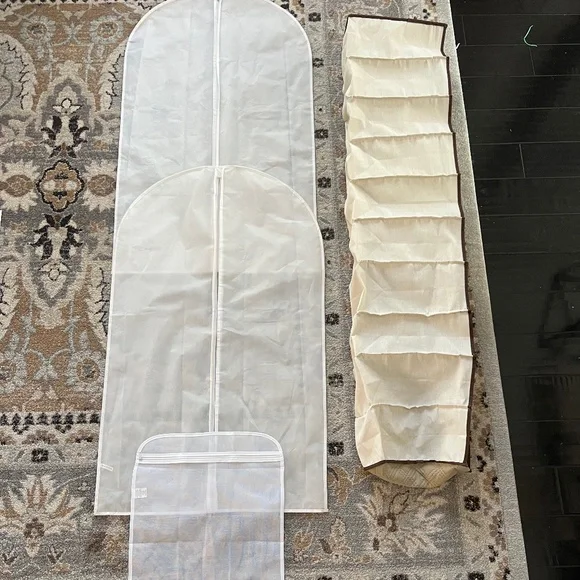 Lot of 2 Garment Bags, a 10 Shelf Hanging Shoe Storage, & 1 Lingerie Bag