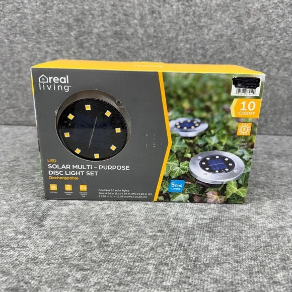 Real‎ Living 10 Count LED Solar Powered Disc Lights Rechargeable Outdoor Garden
