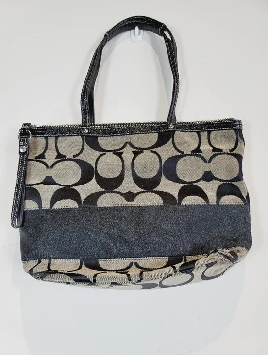 Coach Black and Beige Signature Canvas Shoulder Tote