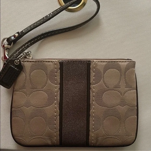 Coach Signature Tan and Brown Wristlet