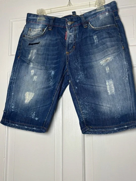 DSQUARED2 Distressed Dark Blue Distress Button Fly Denim Shorts Men’s 48