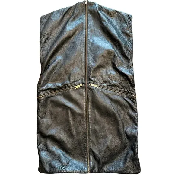 Vintage Black Genuine Leather Garment Bag Travel Suit Carrier Savoy Zippers