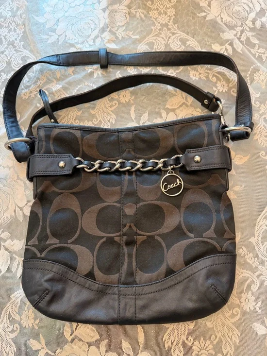 Coach Black and Brown Signature Canvas Shoulder Bag with Chain Accent