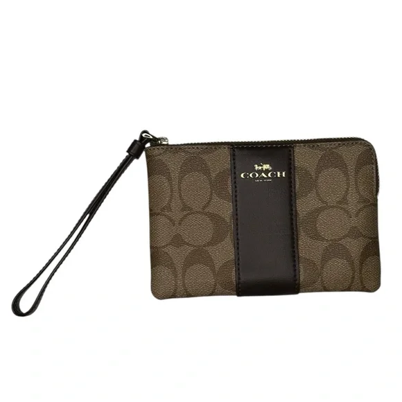 Coach Corner Zip Wristlet Wallet Brown Signature Canvas Gold