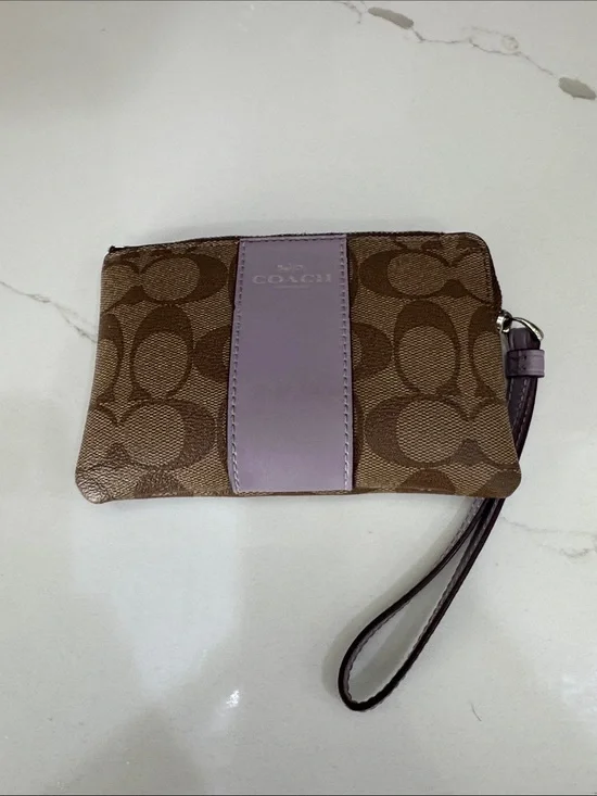 Coach Brown Signature Canvas Wristlet with Lavender Center Stripe