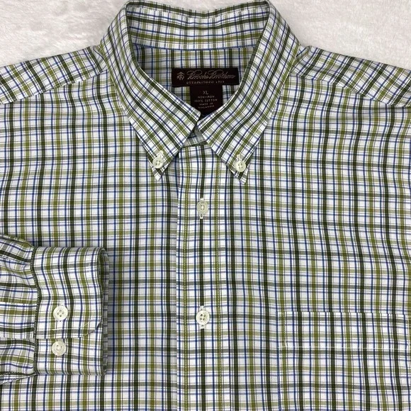 Brooks Brothers Boys XL Green White Plaid Dress Shirt Non-Iron Long Sleeves
