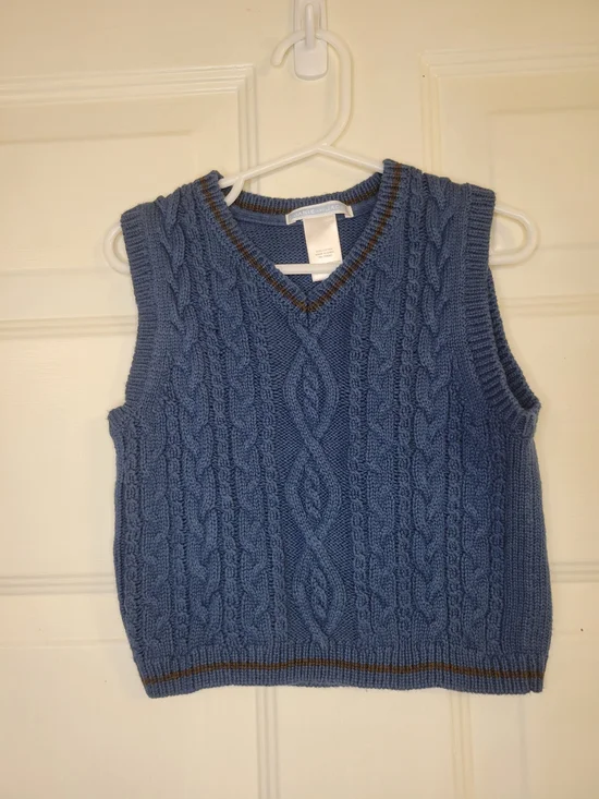 Janie and Jack Blue Cable Knit V-Neck Vest with Brown Trim