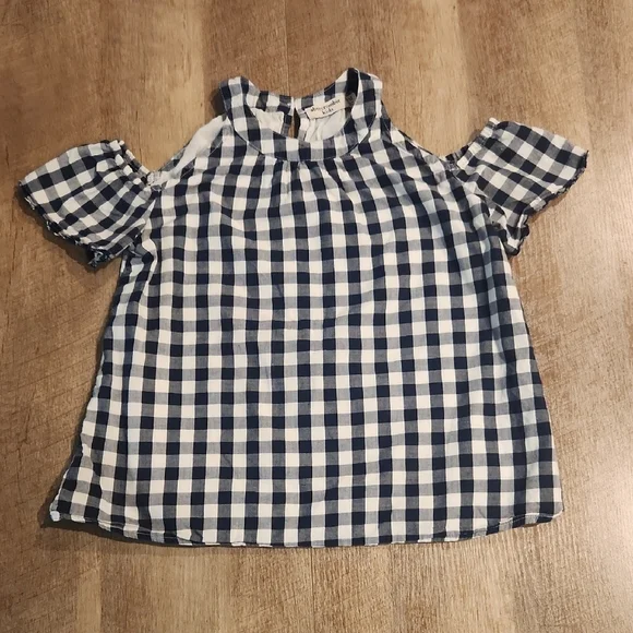 Abercrombie Kids Navy and White Gingham Open Shoulder Top. Size 10/12