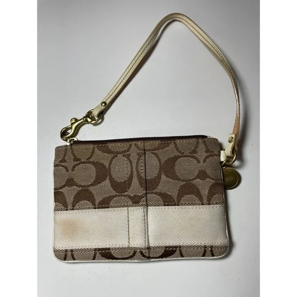 Coach Signature C Monogram Wristlet Pouch Brown Tan‎ Canvas Leather Strap
