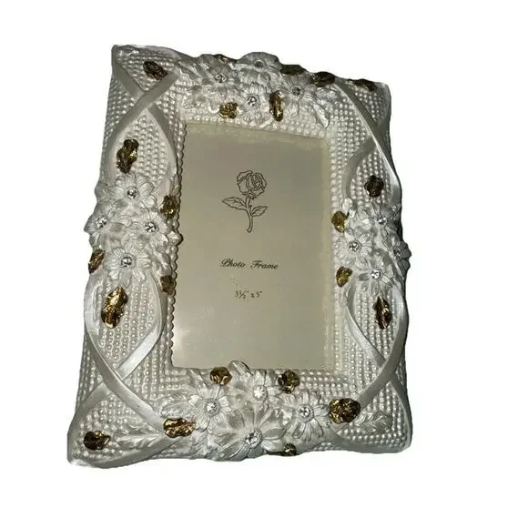 White Rhinestone Floral Frame Holds 3.5”X 5” Photo