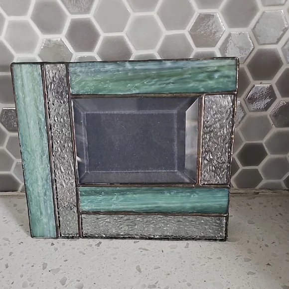 Vintage J. Devlin Stained Glass Jade Green and Silver Tone Metal Photo Frame