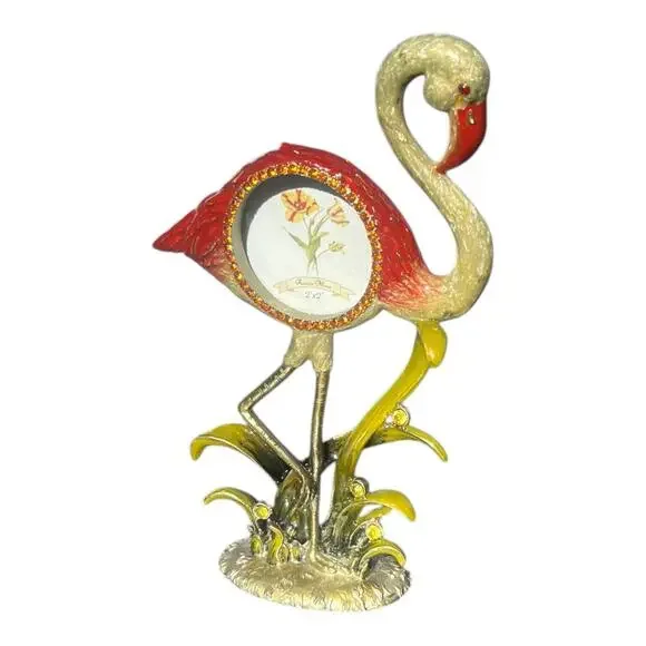 1990s Pink Flamingo Photo Frame Souvenir Tabletop, Rhinestone Metal Enamel Bird