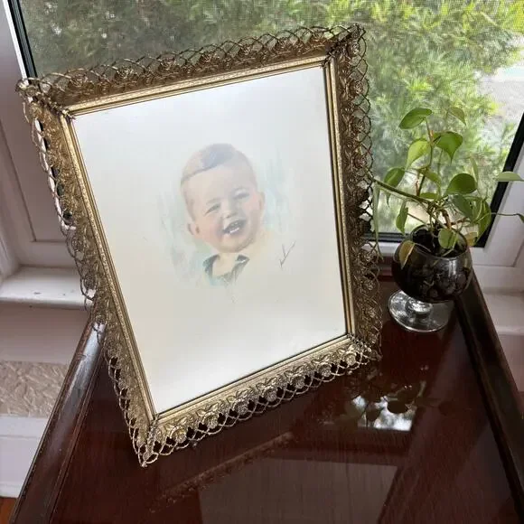 Vintage Signed Baby Portrait Drawing in Gold Tone Rose Filigree Frame