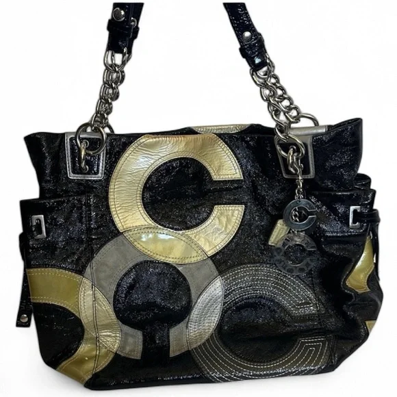 Coach Vintage “C” Signature Inlaid Black Gray Gold Patent Leather Peyton Tote