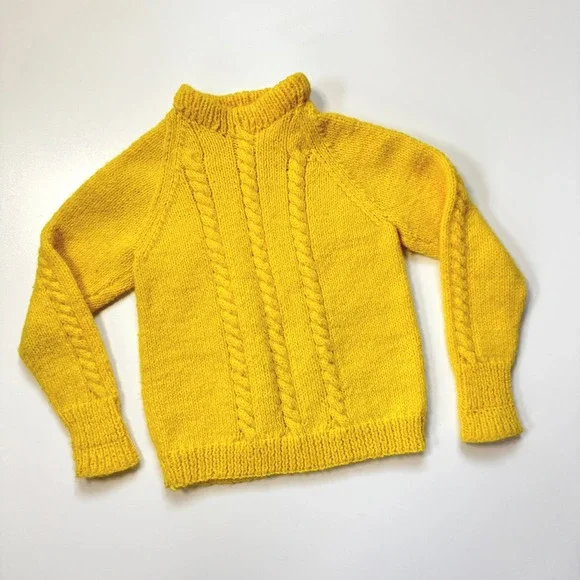 VTG Kids Handmade Yellow Cable Knit Mock Neck Sweater Long Sleeve Pullover 3T‎