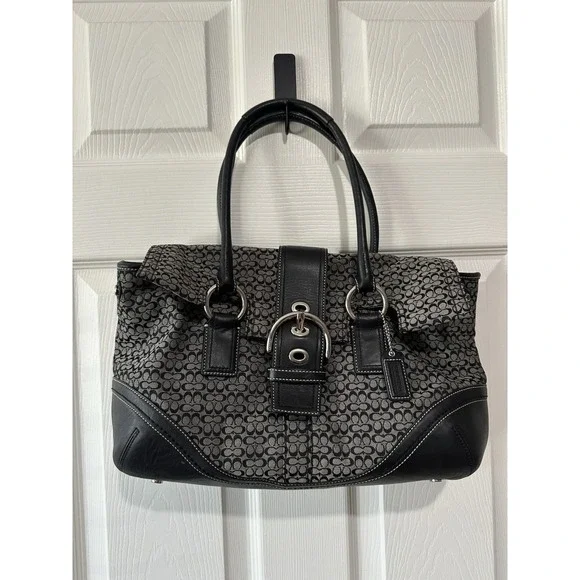 Vintage Coach F10929 Soho black signature C canvas satchel with leather trim