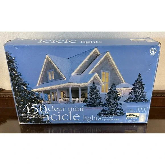 450 Mini Icicle Style Indoor/Outdoor Light String Green Wire‎ New