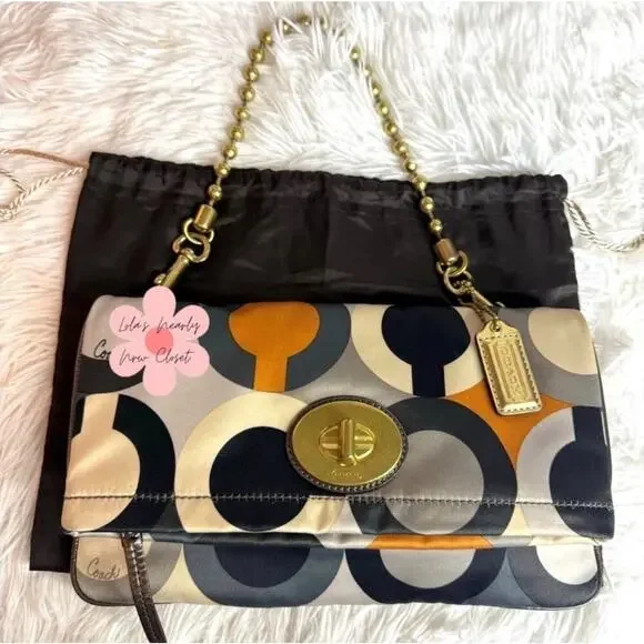 y2k COACH Kisslock Amanda Graphic Op Art Fold Over Clutch Satin Shoulder Bag