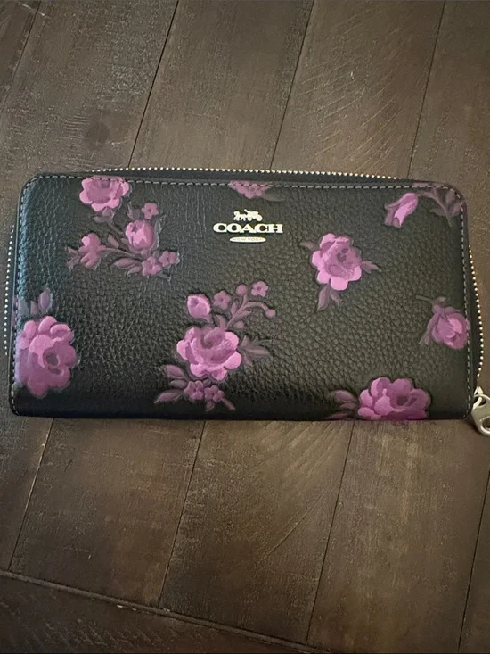 Coach Black Leather Zip-Around Wallet with Pink Floral Accents