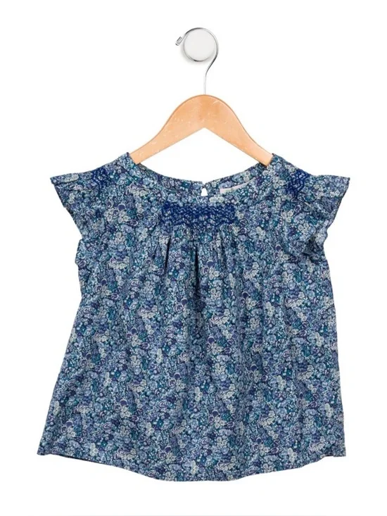 BONPOINT Girls Blue Floral Cotton Blouse Top - Size 6 Years
