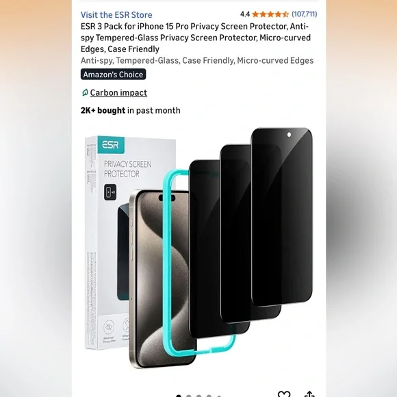 ESR 3 Pack for iPhone 15 Pro Privacy Screen Protector, Anti-spy, New in box.