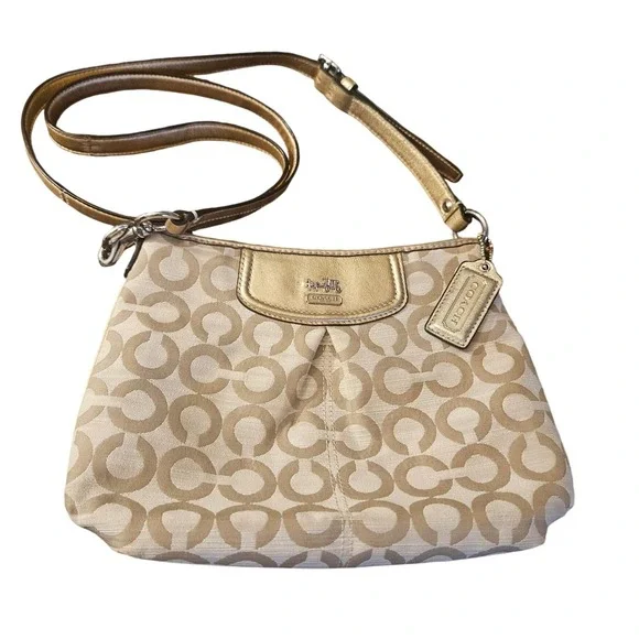 Coach Signature Jacquard Small Hobo Shoulder Bag Beige Metallic Gold Trim