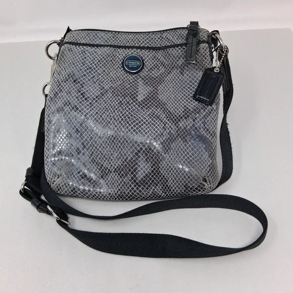 Coach Snakeskin Print Crossbody Bag Grey Black North South Messenger Zip Pocket