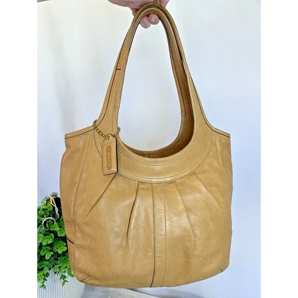 Coach Pleated Ergo Tote #12240 Tan Leather Tattersall Lining 2008 Shoulder Bag