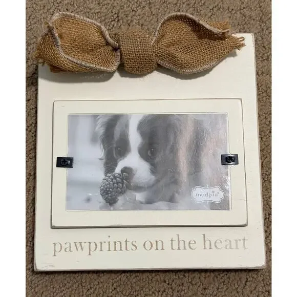 Pawprints on the Heart Pet Animal Dog Cat Picture Frame Raffia Bow Mud Pie NEW