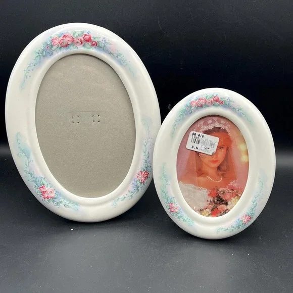 VTG Oval Ceramic Picture Frame Pink Floral Design Set of 2 Cottage Core 80s