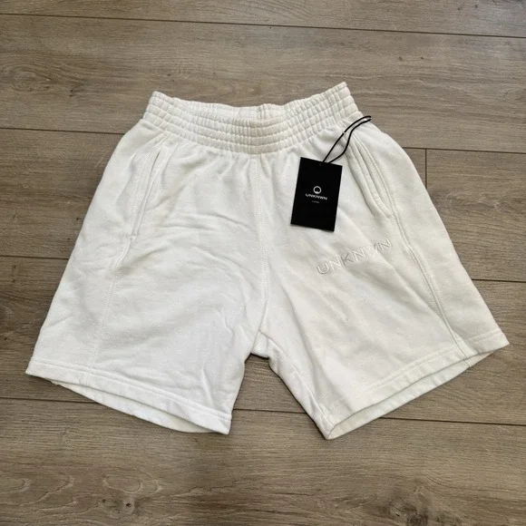 NWT UNKNWN Core Men's White Fleece Shorts‎ Size S Made In USA athletic Shorts