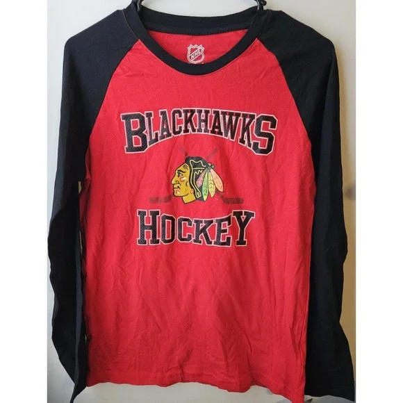 NHL Chicago Blackhawks Hockey Youth Long Sleeve Shirt Red/Black Sz 14/16‎ L NWT