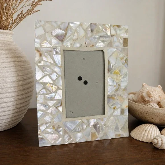 Vintage Mother of Pearl Mosaic Picture Frame Iridescent Shell Size 4 X 6 Boho