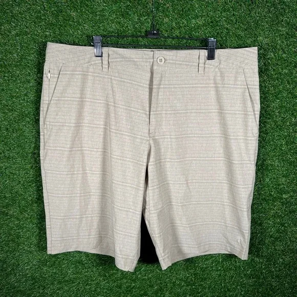 Hang‎ Ten Mens Hybrid Shorts Tan Khaki Striped Size 38 Quick Dry Walk Shorts