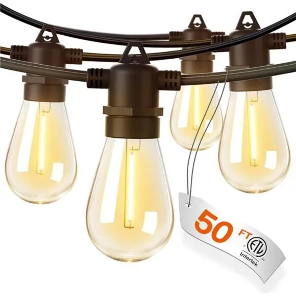 50FT LED Outdoor String Lights with Edison Shatterproof Bulbs, Weatherproof