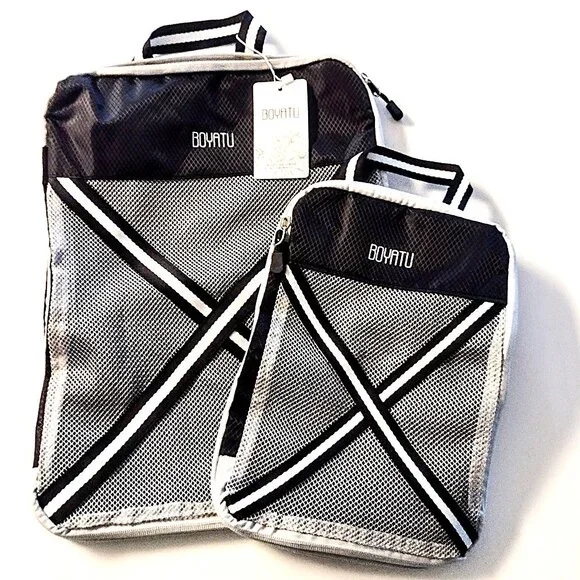 Compression Packing Cube Set of 2 ~ Travel Organizers ~ Expandable ~ Bl/Wh ~ NEW