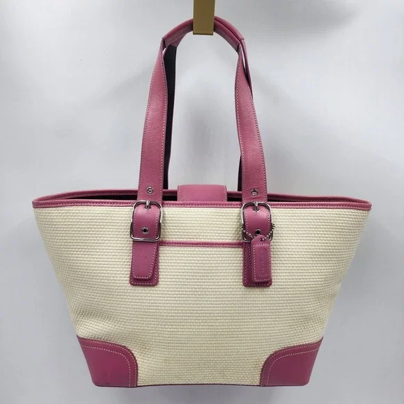 Y2K Coach Woven Straw Tote Bag Pink Leather Trim Buckle Preppy Shoulder Purse