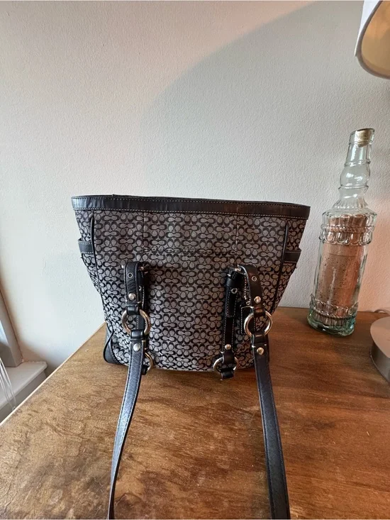 Coach Signature Pattern Black and Gray Tote with Leather Trim