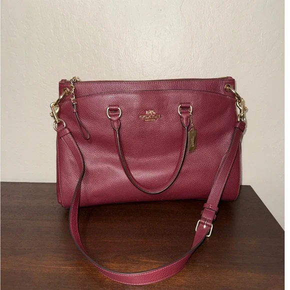 Coach Pebble Leather Satchel Burgundy‎ Gold Hardware Top Handle Crossbody Bag