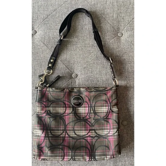 Coach Poppy Tartan Gray Pink Plaid Crossbody‎ Bag Glitter Purse F17710