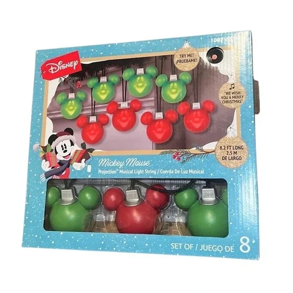 Disney Christmas Mickey Mouse Projection 8 Musical Light String 8.2 ft Long New