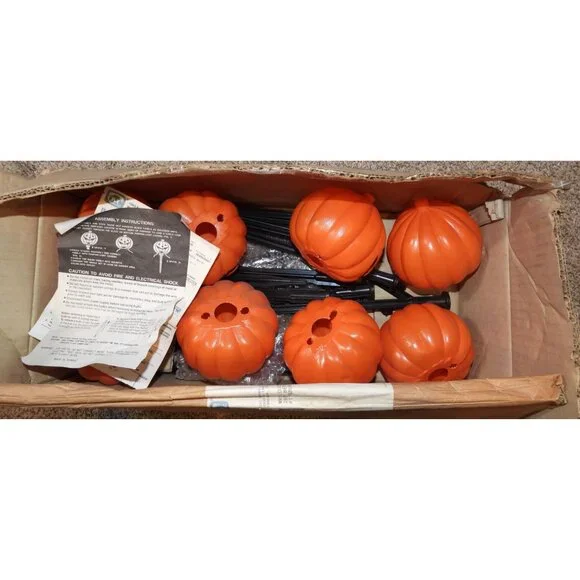 Vintage Lot 8 90's Halloween Blow Mold Pumpkin String Lights on Stakes Outdoor
