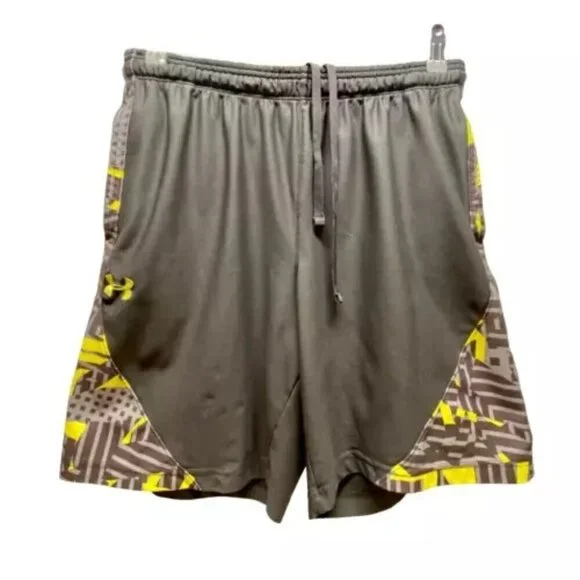 Under Armour Athletic Shorts Men's Medium Gray Neon Yellow Design UA Logo Sports