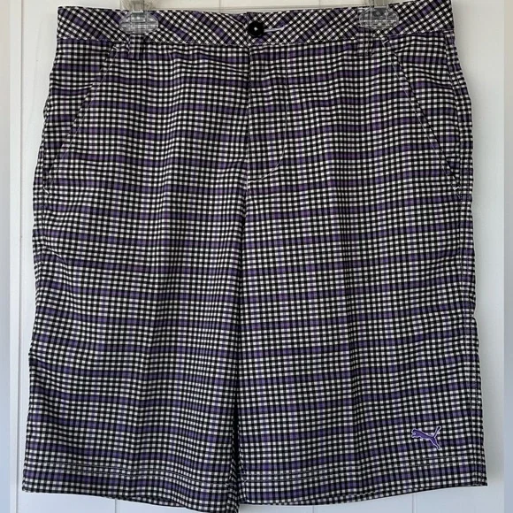 Puma Brand‎ Men’s 10” Golf Shorts Black/White/Purple Check Size 32