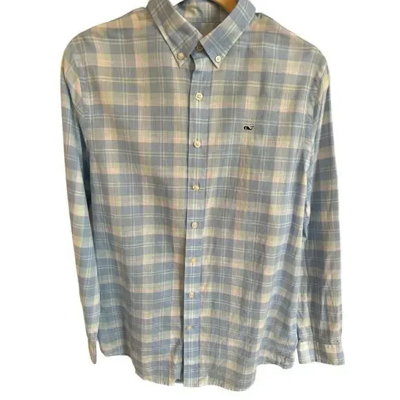 Vineyard Vines linen whale shirt button up plaid boys size XL/16 EUC