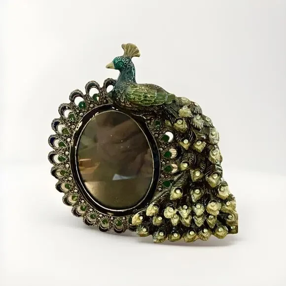 Pier 1 Imports Enameled Jeweled Heavy Metal Peacock Oval Photo Frame Boho 5”