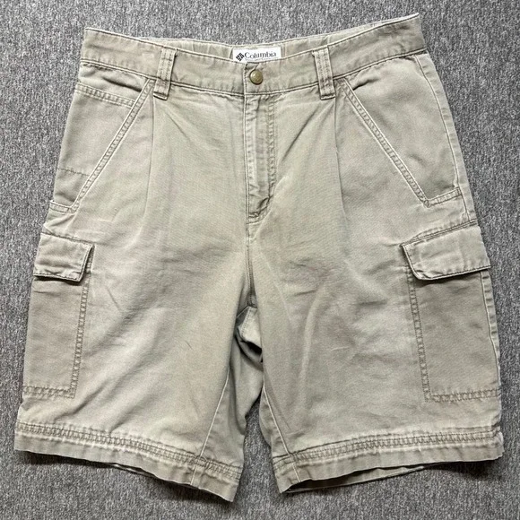 Columbia Mens Tan Khaki Cotton Canvas Cargo Shorts Pleated Hiking Outdoor 30