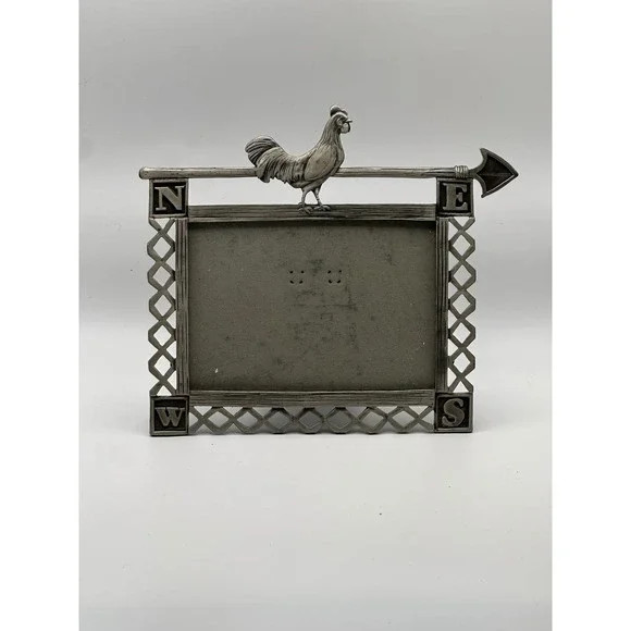 Vintage Rooster Weathervane Picture Frame Pewter Metal Farmhouse Decor 3.5x5