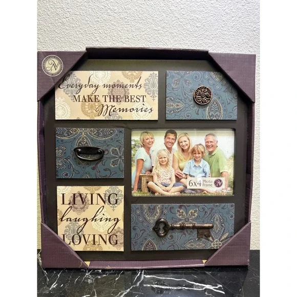 New View 6x4 Photo Frame Living Laughing Loving Rustic Blue Damask Wall Decor