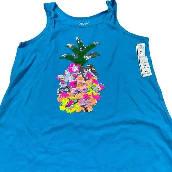 Cat & Jack Girls' Turquoise Blue Flip Sequin Pineapple Tank Top - Large - NWT